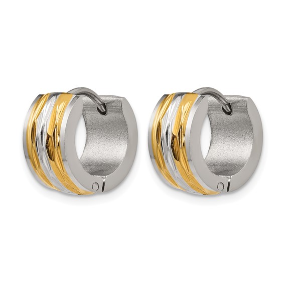 Chisel Stainless Steel Polished and Textured Yellow IP-plated 7mm Hinged Hoop Earrings