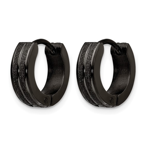 Chisel Stainless Steel Polished Black IP-plated Laser cut 4mm Hinged Hoop Earrings