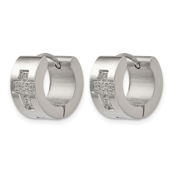 Chisel Stainless Steel Polished with CZ Cross 7mm Hinged Hoop Earrings