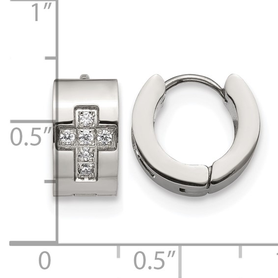 Chisel Stainless Steel Polished with CZ Cross 7mm Hinged Hoop Earrings