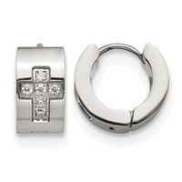 Chisel Stainless Steel Polished Earrings with CZ Cross 7mm Hinged Hoop view 1