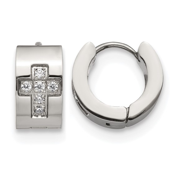 Chisel Stainless Steel Polished with CZ Cross 7mm Hinged Hoop Earrings