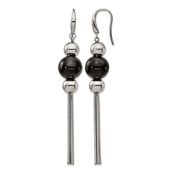 Stainless Steel Polished Black IP-plated Dangle Shepherd Hook Earrings
