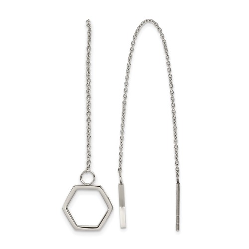 Stainless Steel Polished Hexagon Dangle Threader Earrings