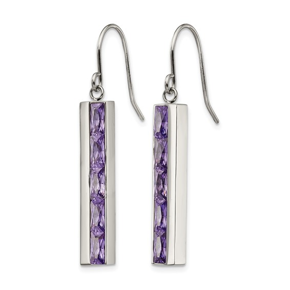 Stainless Steel Polished with Purple CZ Dangle Shepherd Hook Earrings