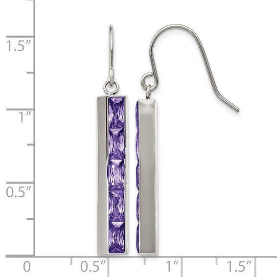 Stainless Steel Polished with Purple CZ Dangle Shepherd Hook Earrings