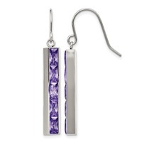 Stainless Steel Polished Earrings with Purple CZ Dangle Shepherd Hook view 1