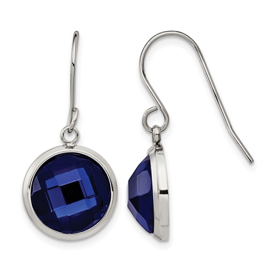 Chisel Stainless Steel Polished with Blue Glass Dangle Shepherd Hook Earrings