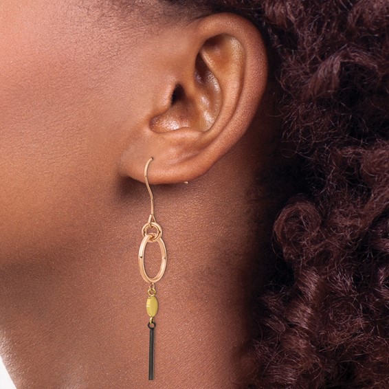 "Chisel Stainless Steel Polished Black, Rose and Yellow IP-plated Dangle Shepherd Hook Earrings"