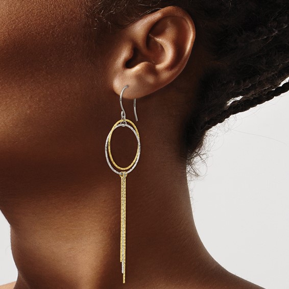 Stainless Steel Polished and Textured Yellow IP Shepherd Hook Earrings