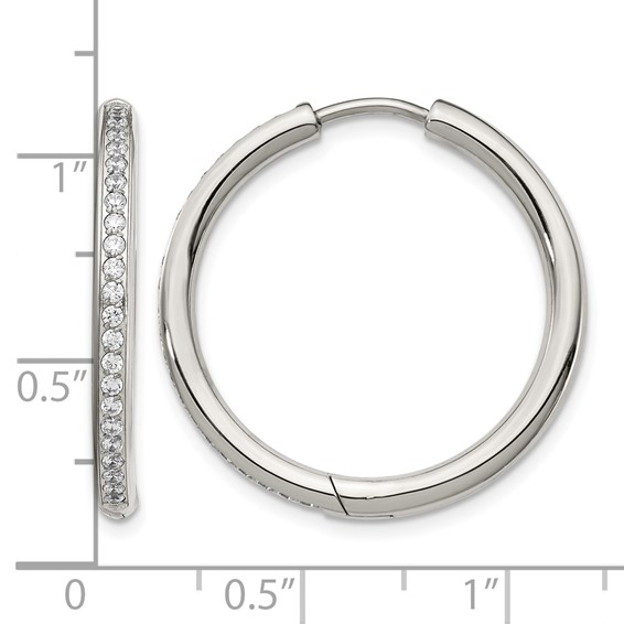 Chisel Stainless Steel Polished with CZ 2.5mm Hinged Hoop Earrings