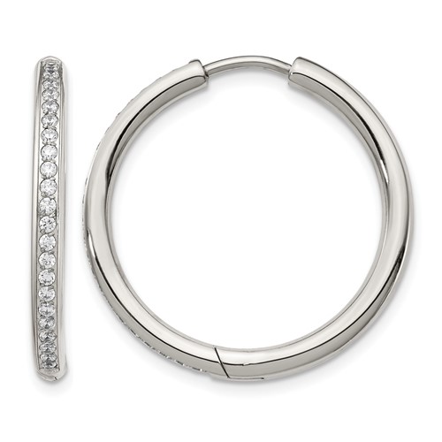 Chisel Stainless Steel Polished Earrings with CZ 2.5mm Hinged Hoop