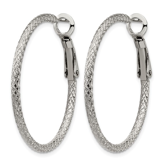 Chisel Stainless Steel Polished and Textured 2mm Omega Back Hoop Earrings