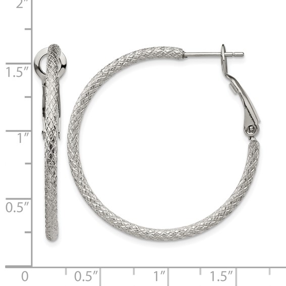 Chisel Stainless Steel Polished and Textured 2mm Omega Back Hoop Earrings