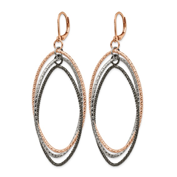 Chisel Stainless Steel Polished and Textured Gun and Rose IP-plated Dangle Leverback Earrings