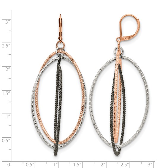 Chisel Stainless Steel Polished and Textured Gun and Rose IP-plated Dangle Leverback Earrings