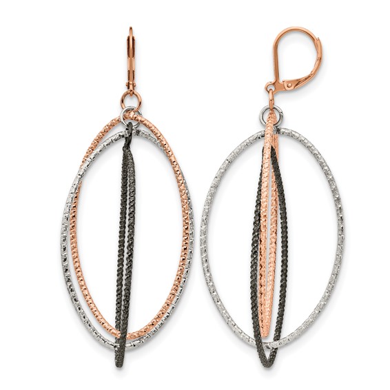 Chisel Stainless Steel Polished and Textured Gun and Rose IP-plated Dangle Leverback Earrings