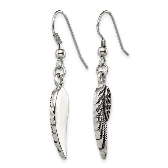 Chisel Stainless Steel Antiqued and Polished with Black Crystal Wings Shepherd Hook Dangle Earrings