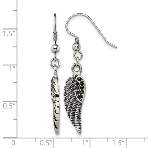 Chisel Stainless Steel Antiqued and Polished with Black Crystal Wings Shepherd Hook Dangle Earrings