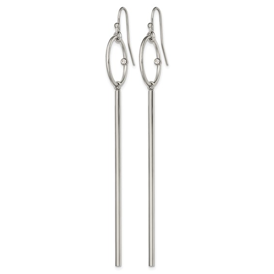 Chisel Stainless Steel Polished Circle with Crystal Accent Bar Dangle Shepherd Hook Shoulder Duster Earrings