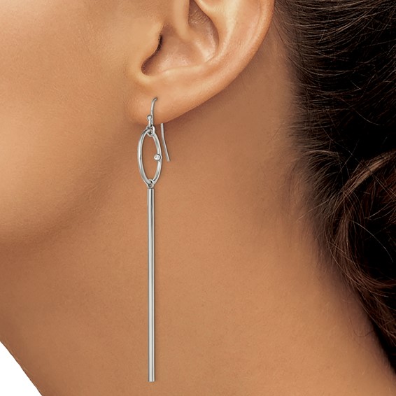 Chisel Stainless Steel Polished Circle with Crystal Accent Bar Dangle Shepherd Hook Shoulder Duster Earrings