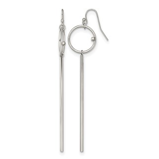 Chisel Stainless Steel Polished Circle with Crystal Accent Bar Dangle Shepherd Hook Shoulder Duster Earrings