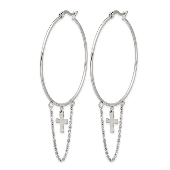 Chisel Stainless Steel Polished Chain and Cross Dangle Hoop Earrings