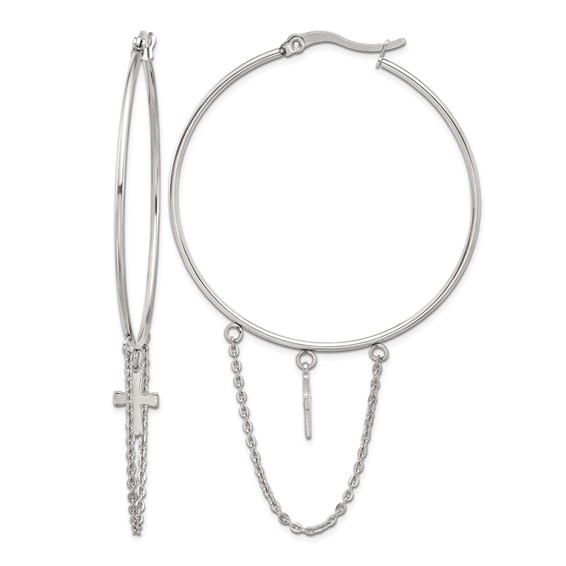Chisel Stainless Steel Polished Chain and Cross Dangle Hoop Earrings