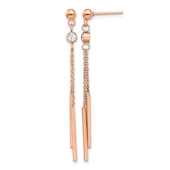 Chisel Stainless Steel Polished Rose IP-plated with Crystal Bar Post Dangle Earrings