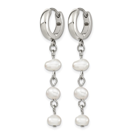Chisel Stainless Steel Polished with Freshwater Cultured Pearl Dangle Hinged Hoop Earrings