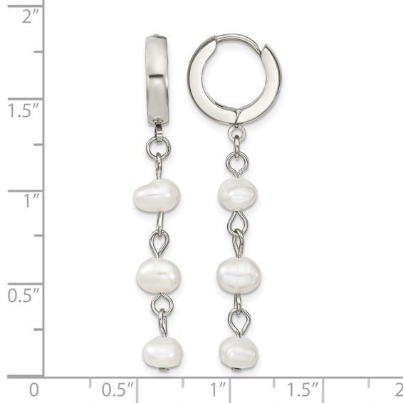 Chisel Stainless Steel Polished with Freshwater Cultured Pearl Dangle Hinged Hoop Earrings