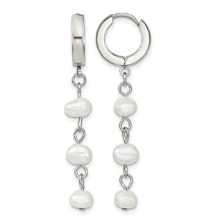 Chisel Stainless Steel Polished with Freshwater Cultured Pearl Dangle Hinged Hoop Earrings