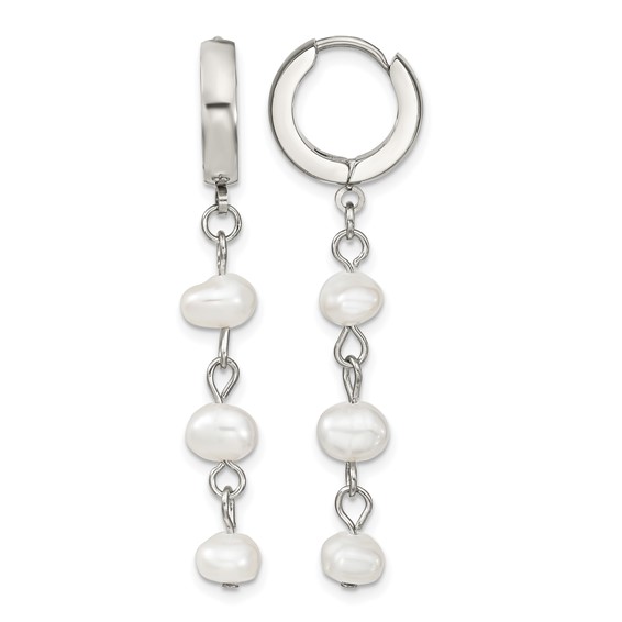 Chisel Stainless Steel Polished with Freshwater Cultured Pearl Dangle Hinged Hoop Earrings