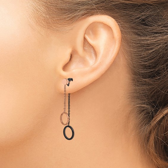 Chisel Stainless Steel Polished Black and Rose IP-plated Front and Back Post Dangle Earrings