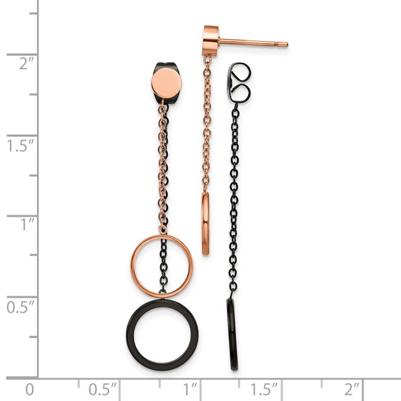 Chisel Stainless Steel Polished Black and Rose IP-plated Front and Back Post Dangle Earrings