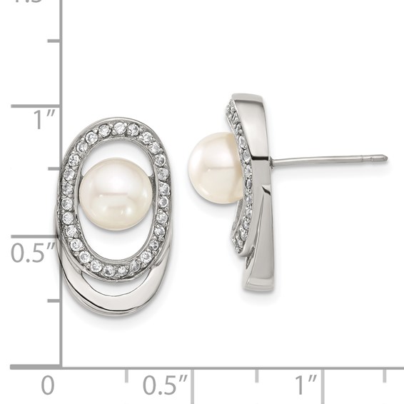 Stainless Steel Simulated Pearl & CZ Oval Earrings