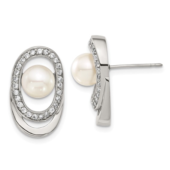 Stainless Steel Simulated Pearl & CZ Oval Earrings