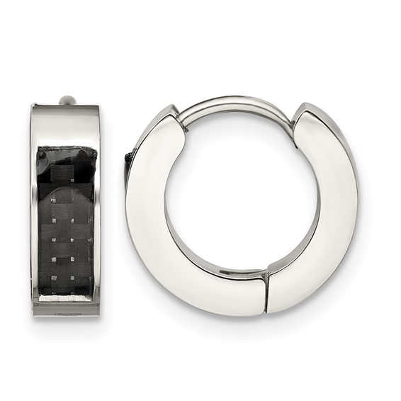 Chisel Stainless Steel Polished with Carbon Fiber Inlay 4mm Hinged Hoop Earrings