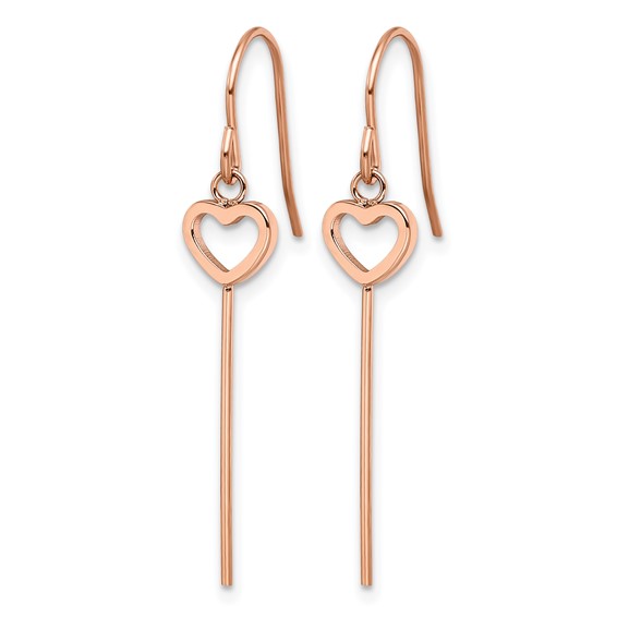 Chisel Stainless Steel Polished Rose IP-plated Heart and Bar Dangle Shepherd Hook Earrings