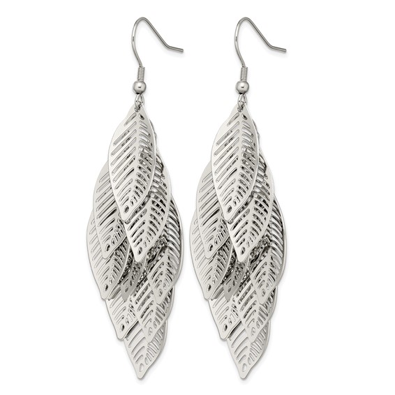 Chisel stainless Steel Polished Leaves Dangle Shepherd Hook Earrings