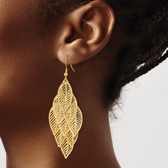 Chisel Stainless Steel Polished and Textured Yellow IP-plated Leaves Dangle Shepherd Hook Earrings