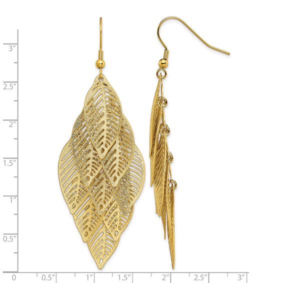 Chisel Stainless Steel Polished and Textured Yellow IP-plated Leaves Dangle Shepherd Hook Earrings