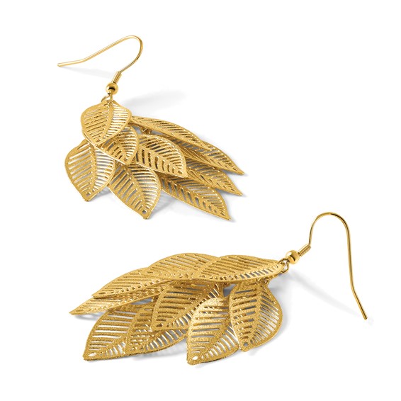 Chisel Stainless Steel Polished and Textured Yellow IP-plated Leaves Dangle Shepherd Hook Earrings