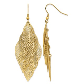 Chisel Stainless Steel Polished and Textured Yellow IP-plated Leaves Dangle Shepherd Hook Earrings