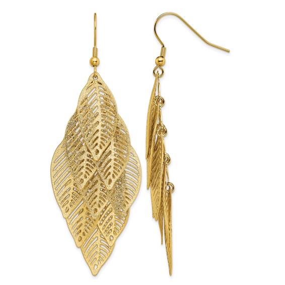 Chisel Stainless Steel Polished and Textured Yellow IP-plated Leaves Dangle Shepherd Hook Earrings