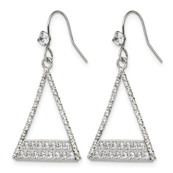 Stainless Steel Polished w/CZ Triangle Dangle Shepherd Hook Earrings