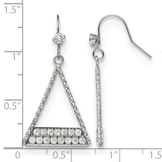 Stainless Steel Polished w/CZ Triangle Dangle Shepherd Hook Earrings