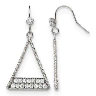 Stainless Steel Polished w/CZ Triangle Dangle Shepherd Hook Earrings