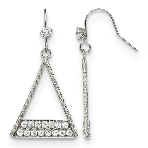 Stainless Steel Polished w/CZ Triangle Dangle Shepherd Hook Earrings