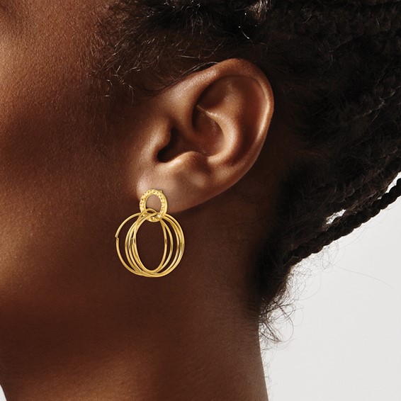 Chisel Stainless Steel Polished and Textured Yellow IP-plated Circles Post Dangle Shepherd Hook Earrings